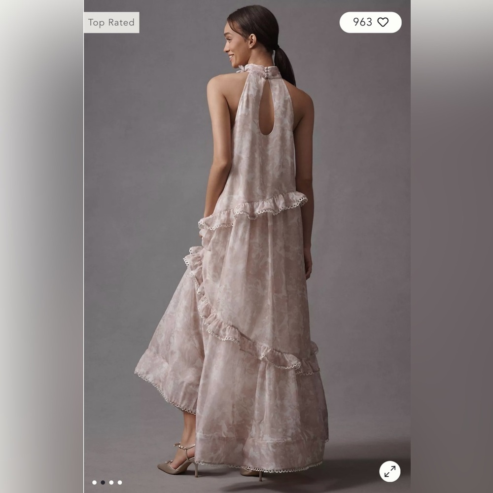 Anthropologie BHLDN High-Neck Ruffle Printed Organza Maxi Dress -Size L - Picture 4 of 7